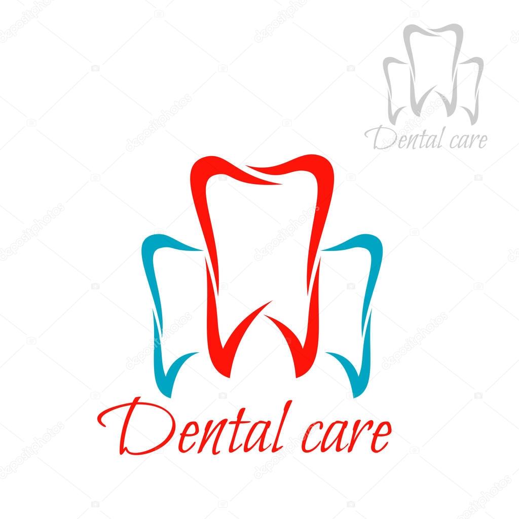Dentistry emblem and tooth icon. Vector isolated teeth symbols for dentist or stomatology dental care surgeon clinic. Red blue sign of healthy tooth and gum with for stomatologist and odontology