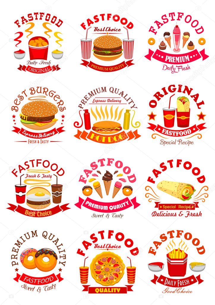 Fast Food emblems set of chicken nuggets, cheeseburger burger and pizza, gyros burrito or doner kebab, french fries and hot dog sandwich hamburger, ice cream and donut, soda or coffee. Vector isolated