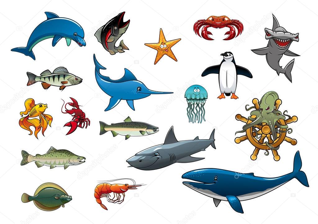 Sea fish and ocean animals cartoon vector icons