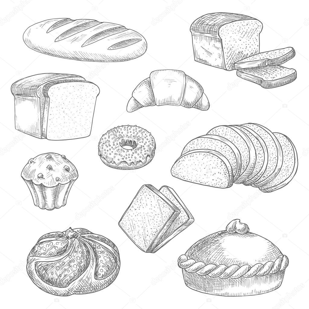 Bakery bread, pastry sketch isolated vector icons