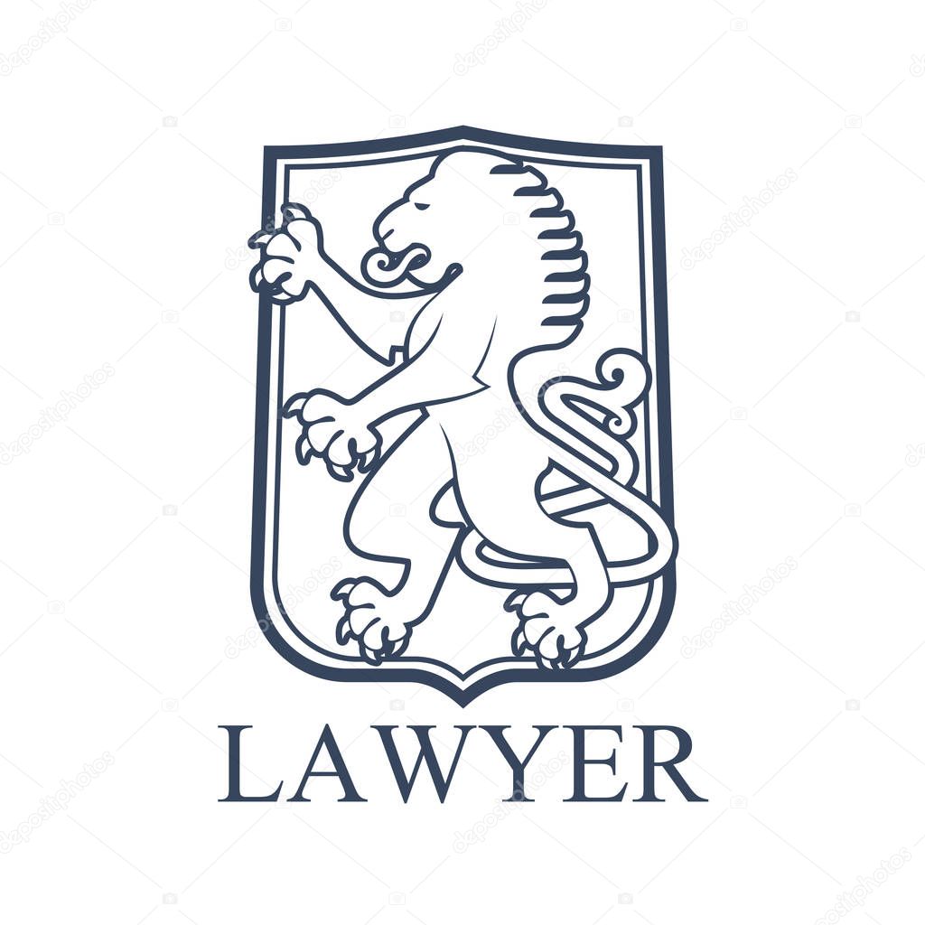 Legal office icon. Vector emblem for lawyer or advocate. Juridical isolated badge with heraldic lion symbol on shield or balzon shape. Law attorney or advocacy and rights service center or notary
