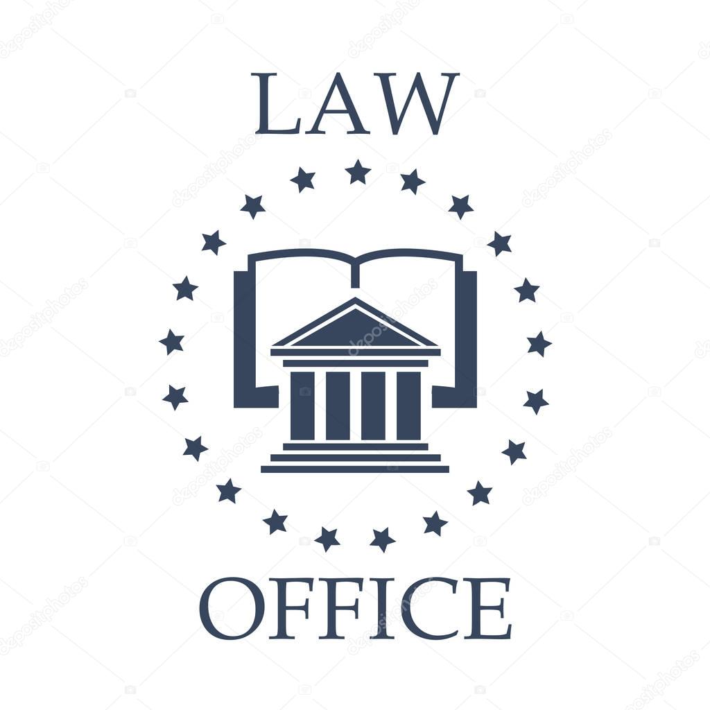 Juridical or law icon for advocate or lawyer office. Vector emblem of advocacy or legal company. Badge with symbol of roman atrium, code book or lawbook and stars wreath for attorney or notray