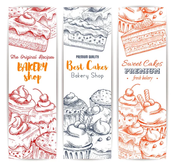 Bakery shop sweets and dessert sketch banners set - Stok Vektor