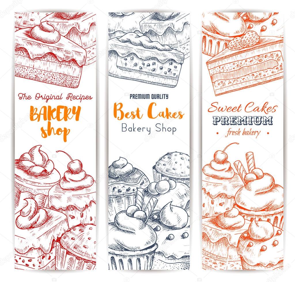 Bakery shop sweets and desserts sketch banners set