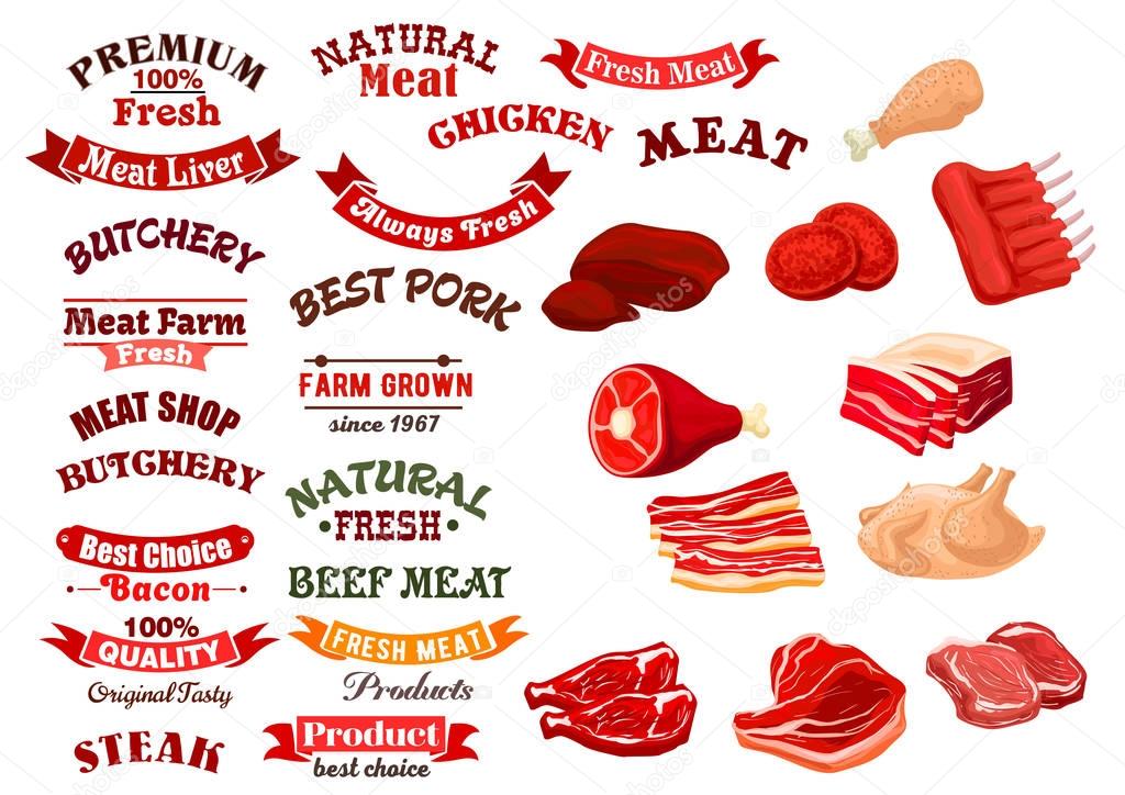 Meat products icons set and vector isolated ribbon banners for butchery or butcher shop sign badge. Farm grown fresh beef filet tenderloin or sirloin, pork bacon or lard, turkey or chicken legs, liver