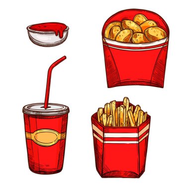 Fast food aperatifler, içecekler izole simgeler vektör