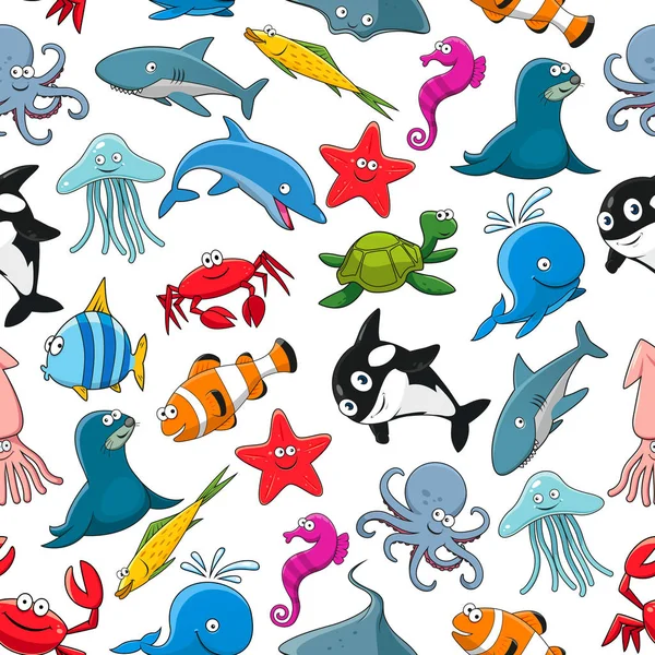 Dibujos animados peces marinos y animales del océano patrón vectorial — Vector de stock