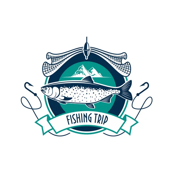 Αλιεία ταξίδι εικονίδιο, αλιευτικών σύμβολο, έμβλημα ψάρια — Διανυσματικό Αρχείο