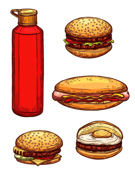 Fast-Food-Hamburger, Ketchup-Vektorsymbole — Stockvektor