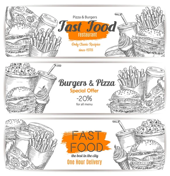 Fast-Food-Restaurant Vektor Skizze Banner gesetzt — Stockvektor