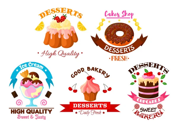 Dessert sweets, ice cream vector bakery icons set — Stock Vector