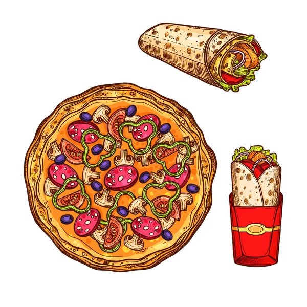 Fast food pizza, doner burrito vector skiss ikoner — Stock vektor