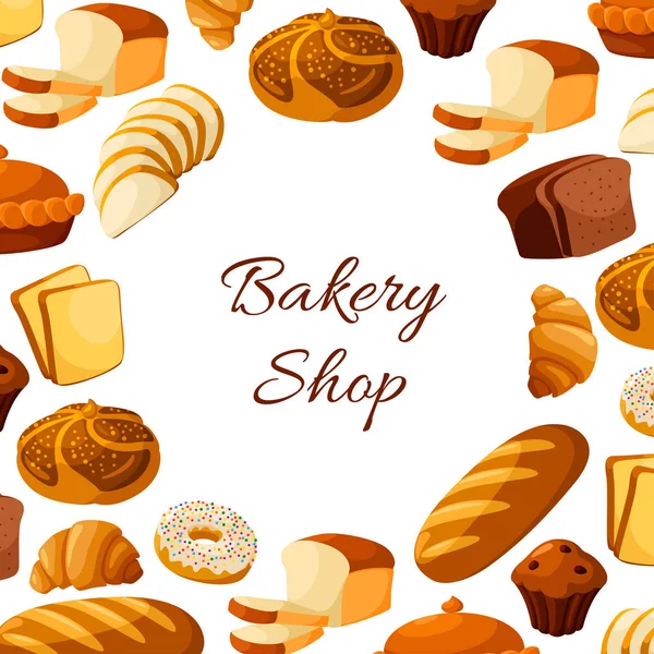 Bakery shop bread and pastry round vector poster — Stock Vector