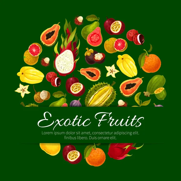 Exotic tropical fresh fruits vector poster — Stock Vector