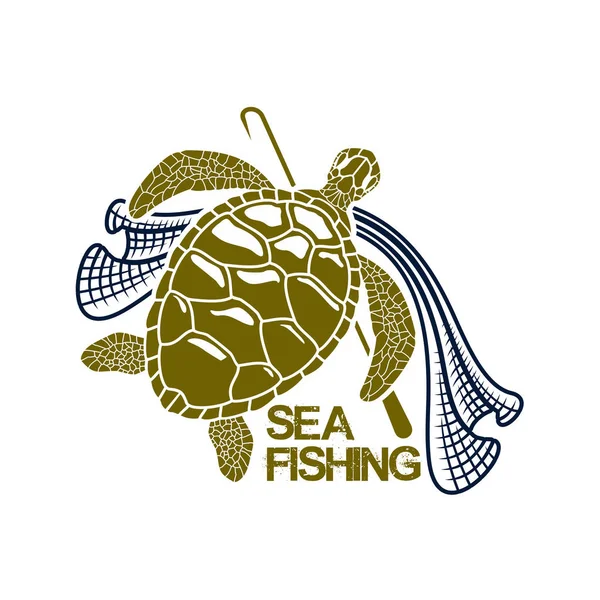Meeresfischerei Vektor Symbol der Schildkröte und Fischernetz — Stockvektor