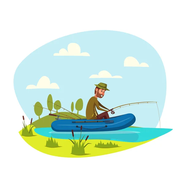 Fisher hombre de pesca en barco con vector de caña de pescado — Vector de stock