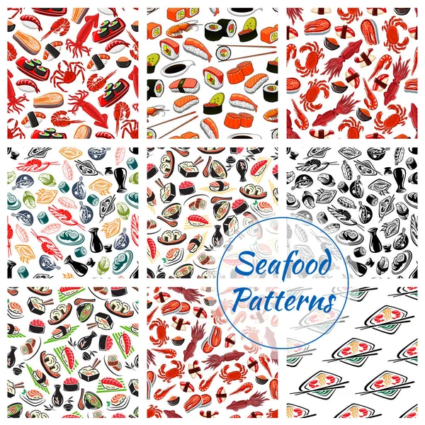 Sushi sashimi e frutos do mar padrões de vetor sem costura — Vetor de Stock