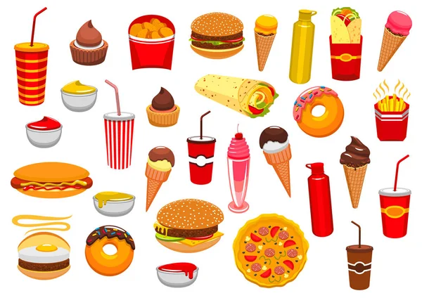 Fast food meal vector isolated icons set — Stock Vector