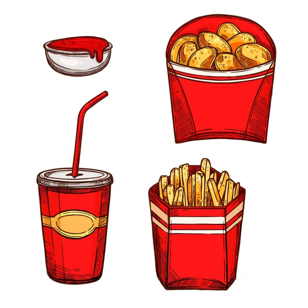 Fast Food Snacks, Getränke Vektor isolierte Symbole — Stockvektor