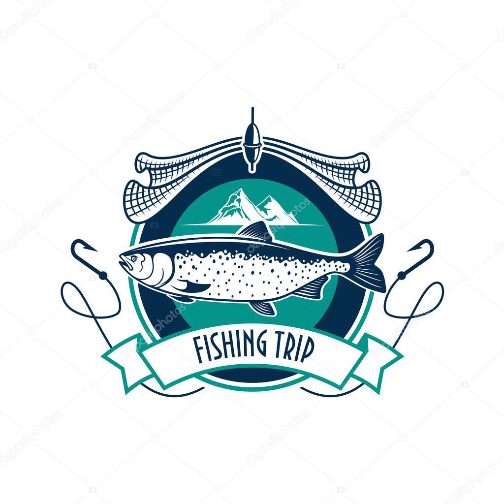 Fishing icon. Fishery industry or fisher trip sport club vector isolated round badge sign with humpback salmon, trout cod or sturgeon fish, fishing rod with hook, fishing net, and fisherman ship boat
