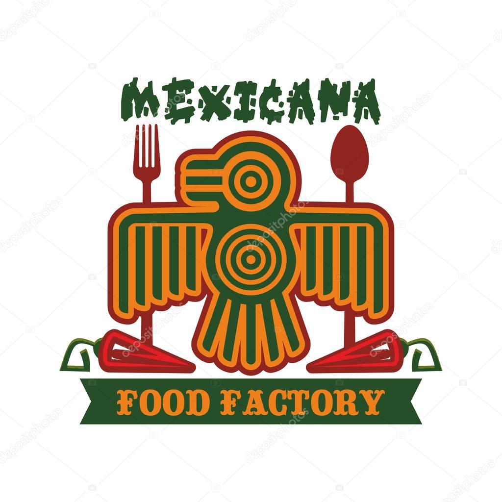 Mexican restaurant emblem. Mexicana icon of vector isolated symbol of Aztec or Inca totem bird, red chili spicy jalapeno pepper, spoon and fork for traditional mexican cuisine, fast food tacos or