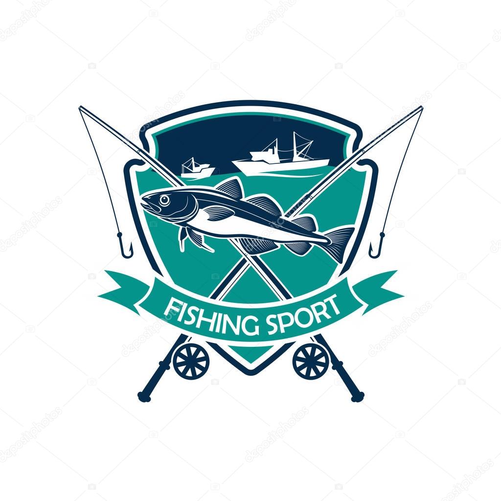 Fishing icon. Fishery sport club or industry badge for fisher trip. Vector isolated emblem or sign with fishing rod with hook, fishing net, and fisherman ship boat vessel in sea or ocean, humpback