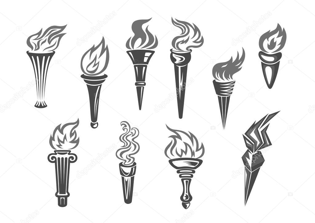 Olympic flame or fire torch icons. Vector set of isolated burning sport or contest torches flames. Symbols of relay race, competition victory, champion or winner and football sports or sportive games