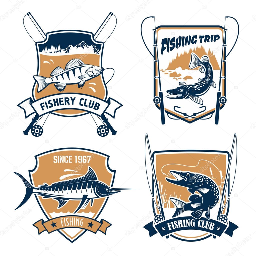Fishing icons set. Fisherman trip club or fishery industry vector badges or emblems with fishing rods, hook and baits, river or lake fish catch of marlin, pike, carp perch or sturgeon salmon or trout