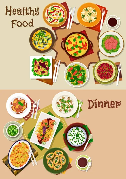Ensalada y aperitivos para la cena festiva icono conjunto — Vector de stock