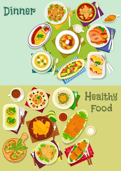 Dinner dishes icon set with salad, snack and soup — Stock Vector