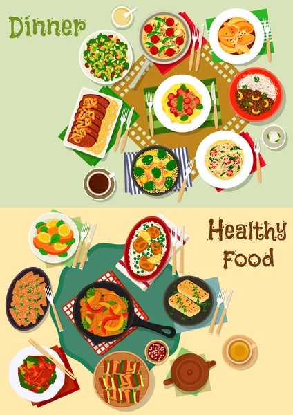 Rejäl måltid Ikonuppsättning för hälsosam matdesign — Stock vektor