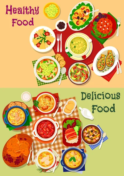Ensemble de soupe de cuisine russe et icône de salade fraîche — Image vectorielle