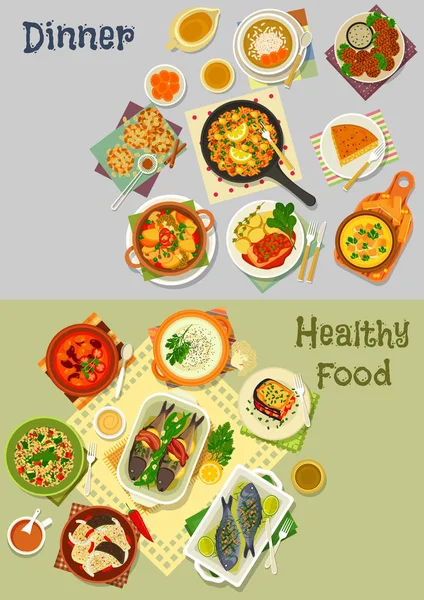 Набор икон здоровых вегетарианских и рыбных блюд — стоковый вектор