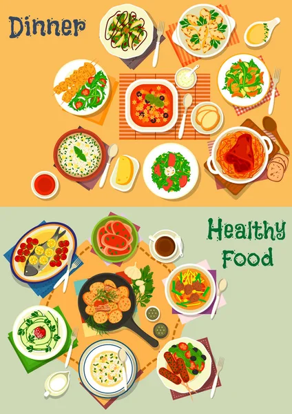 Hälsosam Ikonuppsättning lunch och middag mat design — Stock vektor