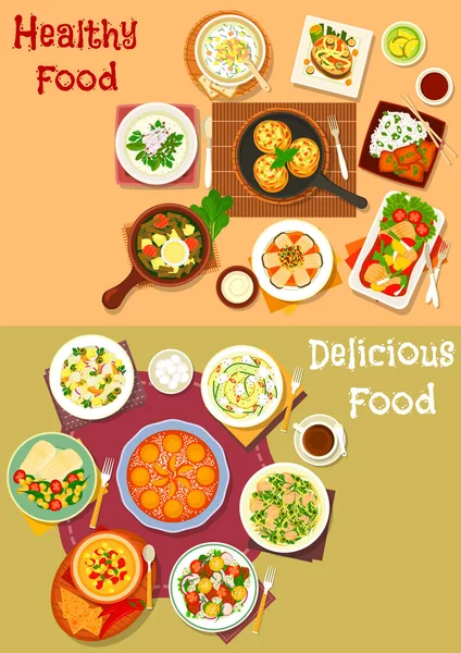健康午餐菜与水果甜点图标集 — 图库矢量图片