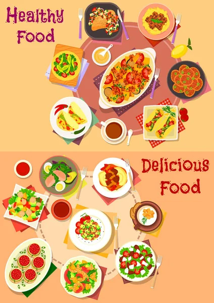 Salada e pratos de carne com conjunto de ícones de lanche mexicano — Vetor de Stock