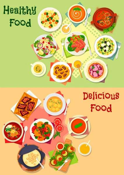 Dinner dishes with healthy dessert icon set — Stock Vector