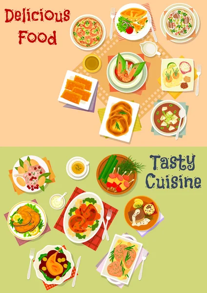 Pescado y plato de carne con sopa asiática y pastelería icono — Vector de stock