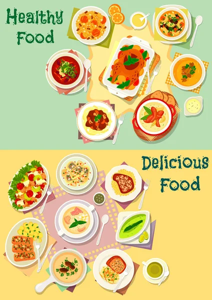 Carne, peixe e cogumelos pratos ícone set design — Vetor de Stock