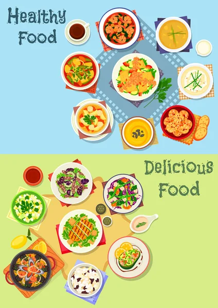 Saboroso ícone do menu de almoço com frutos do mar e carne — Vetor de Stock