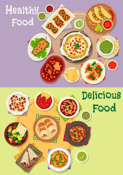 Mexican cuisine icon set with hot snacks — Stock Vector
