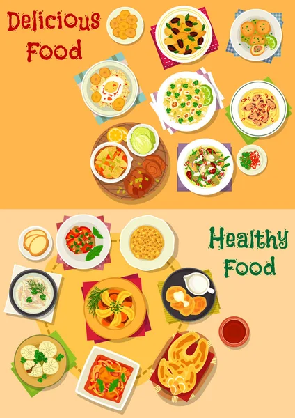 Ícone de almoço conjunto com pratos de comida saudável — Vetor de Stock