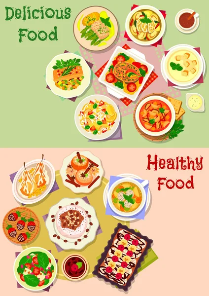Delicioso conjunto de iconos de comida para el diseño de menú de almuerzo — Vector de stock