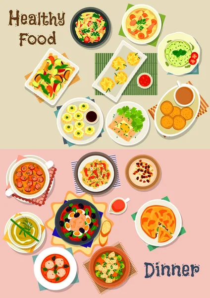 Pratos de refeição saudável ícone definido para design de tema de alimentos — Vetor de Stock