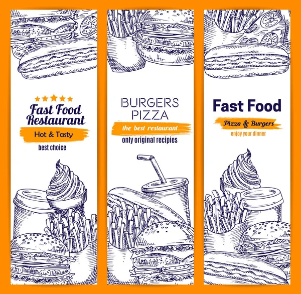 Fastfood hamburgers schets vector banners set — Stockvector