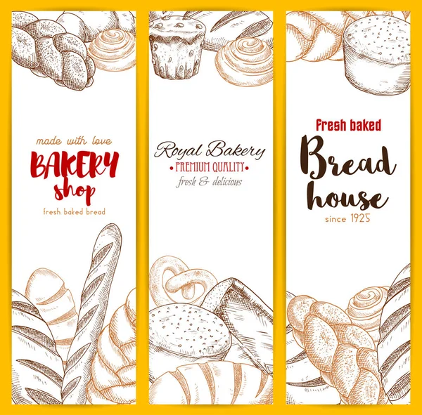 Panadería o panadería casa boceto vector pancartas conjunto — Vector de stock