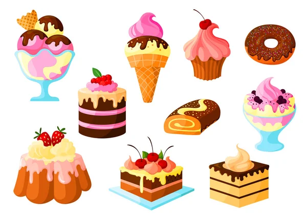 Dessertkuchen Süßigkeiten, Eis Vektor Icons Set — Stockvektor