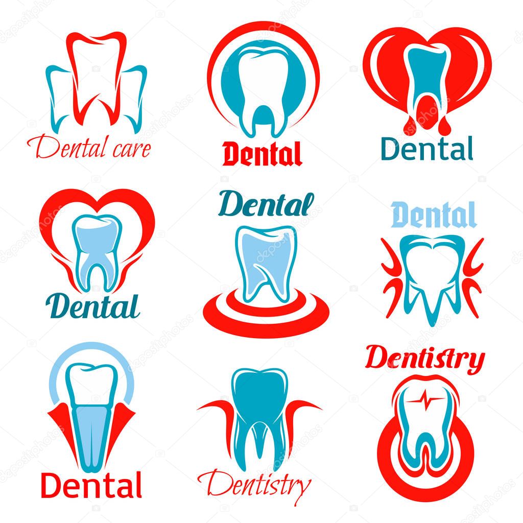 Dentistry emblems set of tooth, stomatology and dentist office icons. Vector isolated teeth symbols for stomatologist clinic, dental care clinic. Signs of healthy tooth and gum with heart for