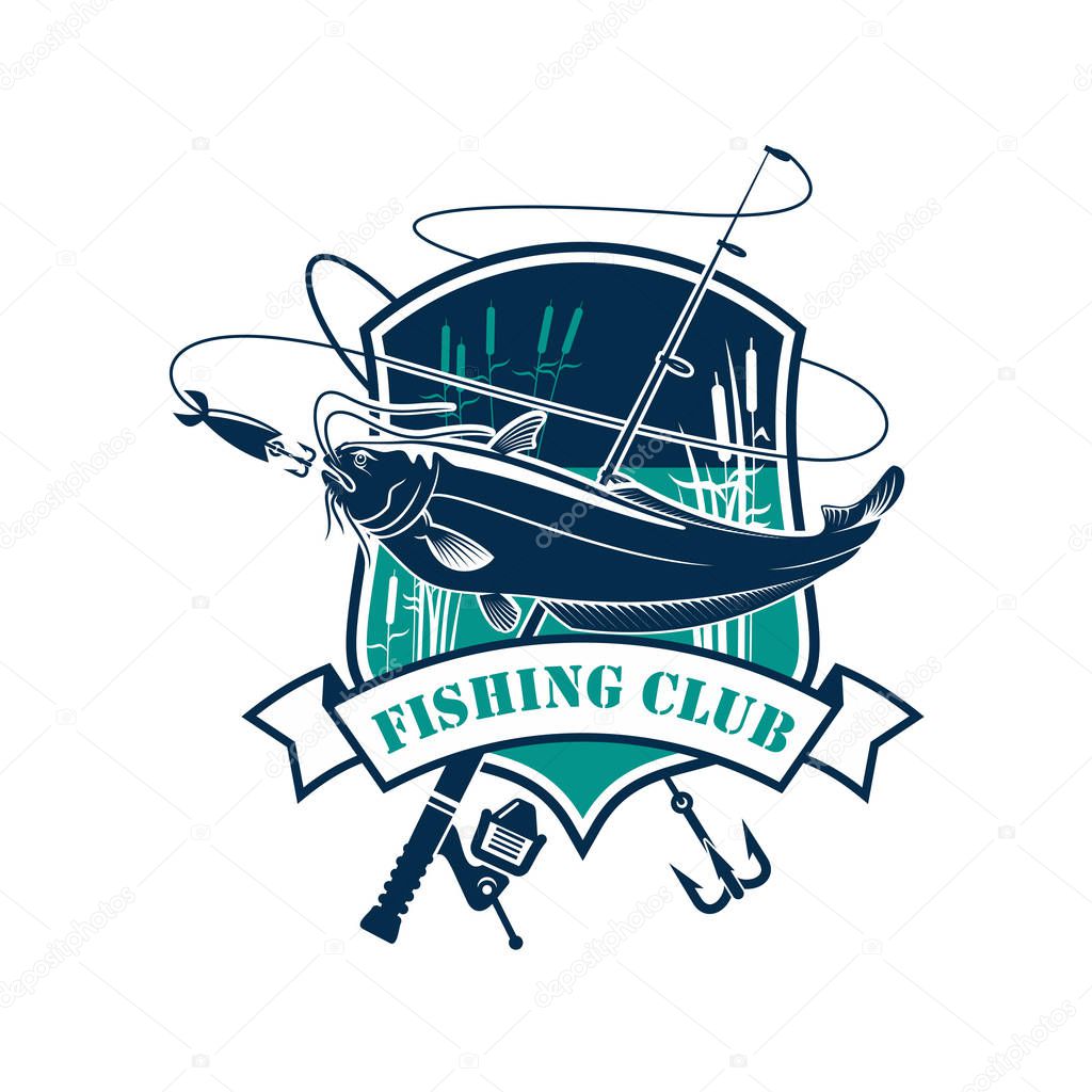 Fishing icon or fisher club vector emblem of sheatfish or catfish catch on hook, fish rod and float with bait lure. Badge with lake and ribbon for fishery industry and fisherman adventure sport