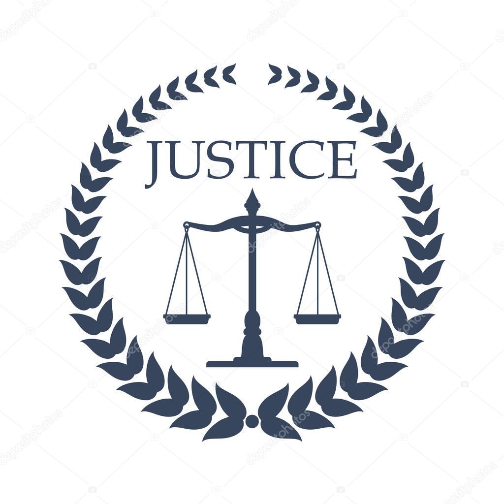 Law firm, lawyer or law office symbol. Scales of justice, framed by heraldic laurel wreath. Lawyer card, law firm logo, legal center emblem design